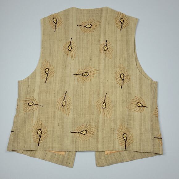 Krizia MM Vest Linen & Silk Beaded w/ Pine Motif Tan Lined Made in Italy Size M - Picture 5 of 5